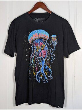 Into the AM Psychedelic Jellyfish Shirt Size Large Black Rave Festival Neon Art